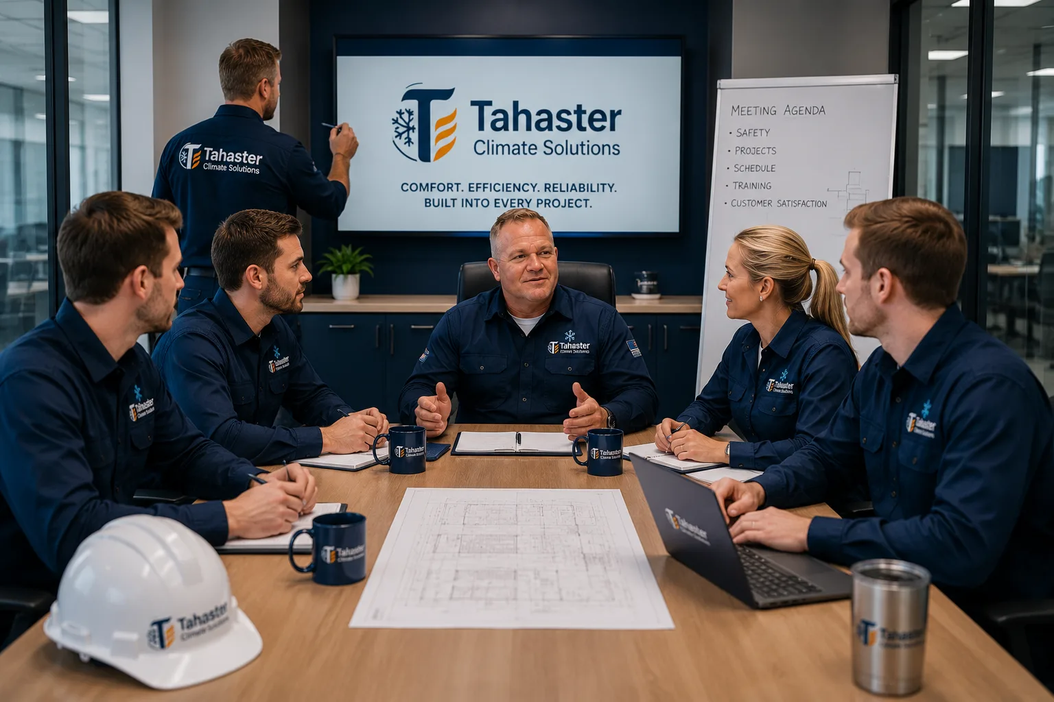 Tahaster team members reviewing project plans together in a meeting